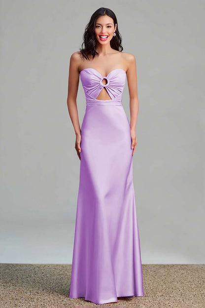 Pink Satin Cut Out Sheath Strapless Long Formal Dress