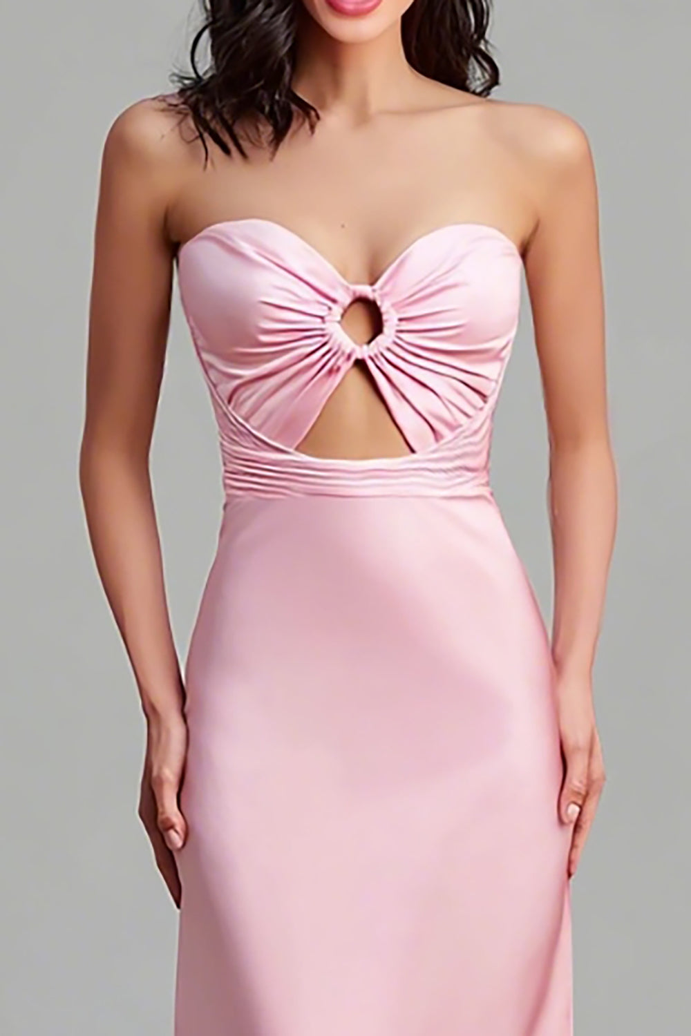 Pink Satin Cut Out Sheath Strapless Long Formal Dress