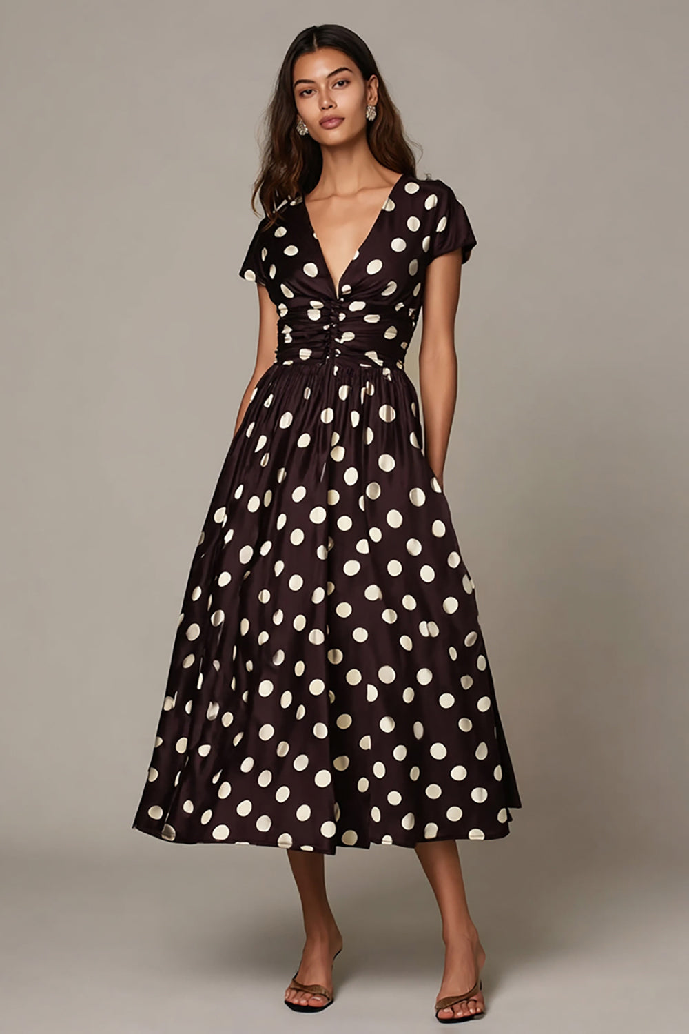Dark Brown White Dots A Line V-Neck Formal Dress with Sleeves