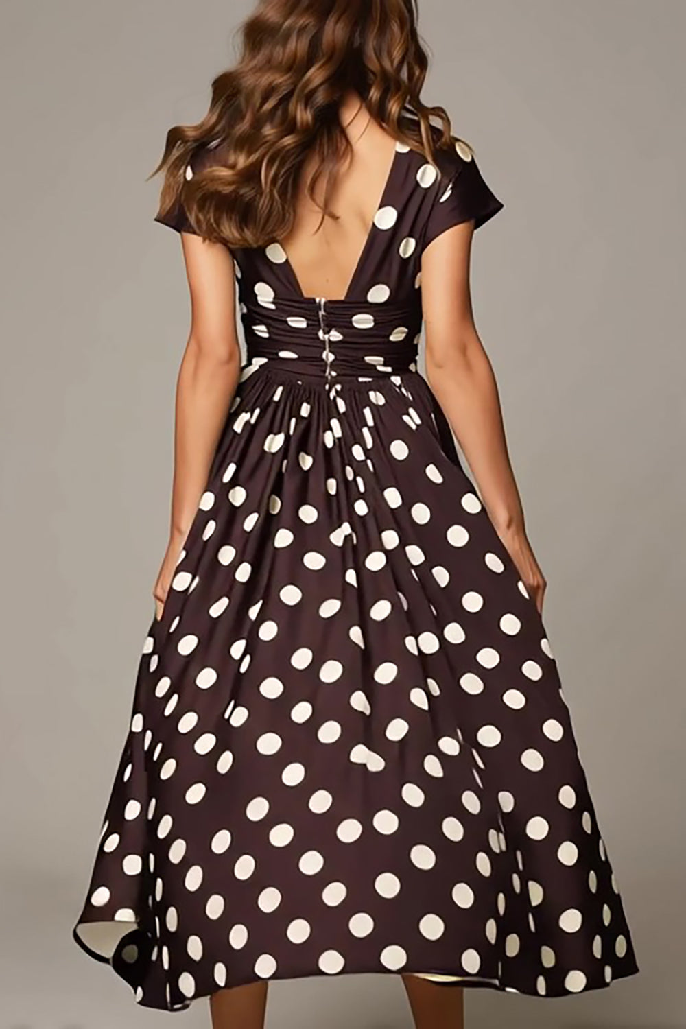 Dark Brown White Dots A Line V-Neck Formal Dress with Sleeves