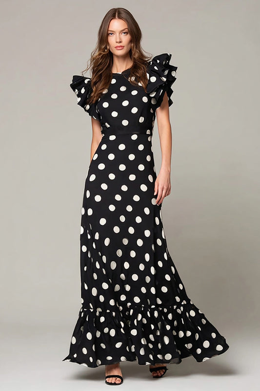 Black White Dot A Line Long Formal Dress with Ruffles