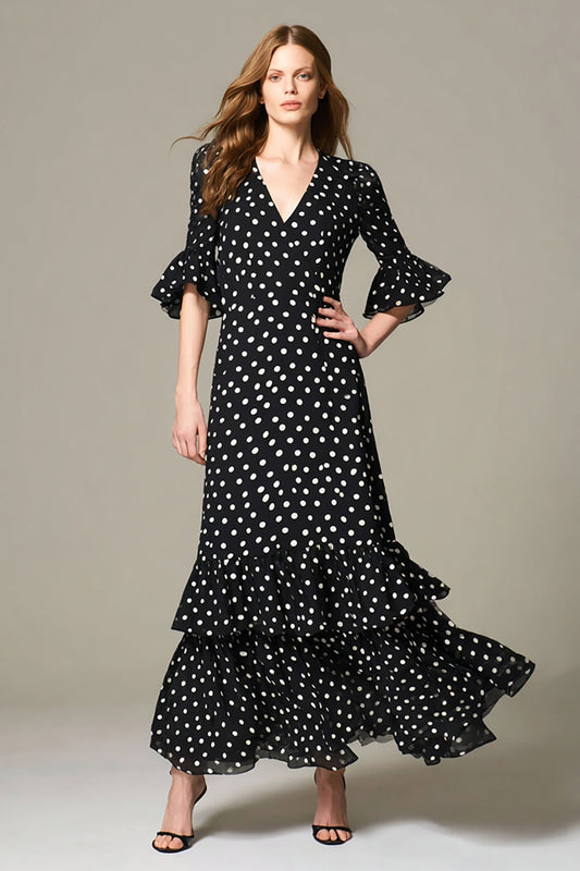 Black White Dot Ruffled A Line Long Formal Dress with Sleeves