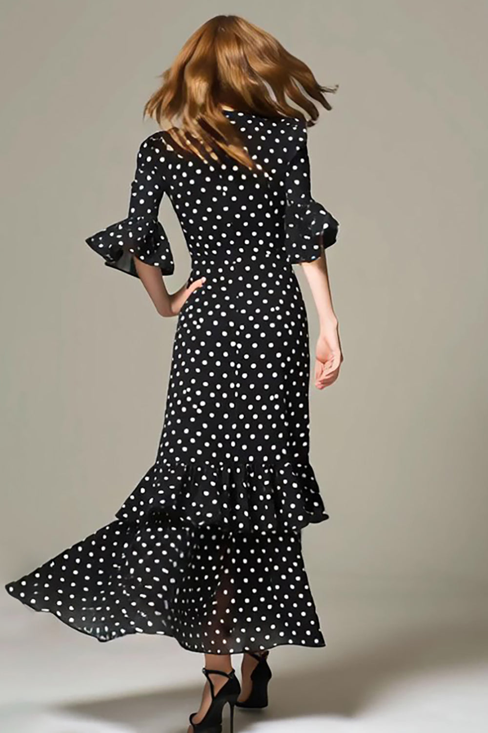 Black White Dot Ruffled A Line Long Formal Dress with Sleeves