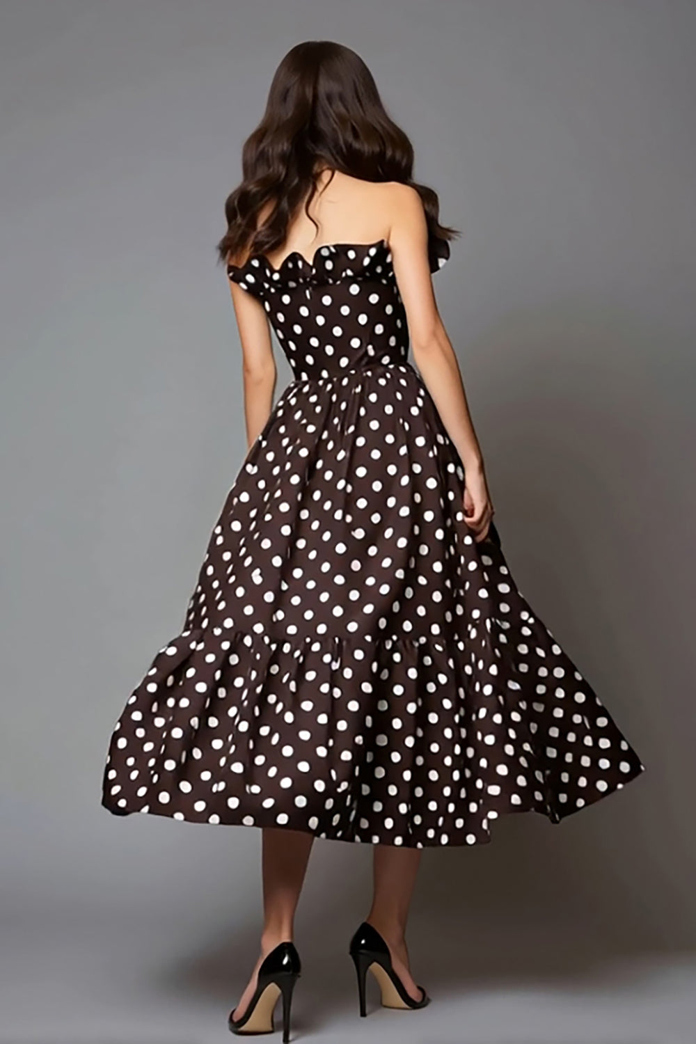 Dark Brown White Dot Strapless Ruffled Formal Dress with Pockets