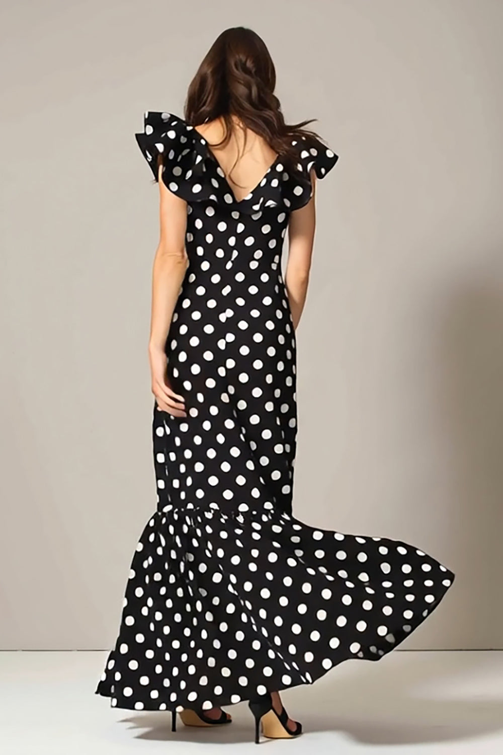 Black White Dot A Line V-Neck Long Formal Dress with Ruffles