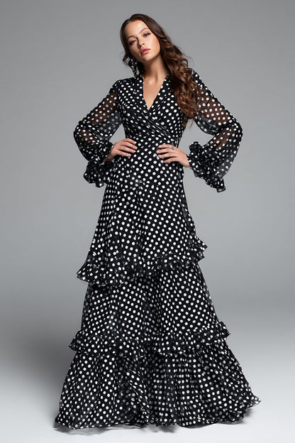 Black White Dot A Line Ruffled Long Formal Dress with Sleeves