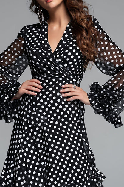 Black White Dot A Line Ruffled Long Formal Dress with Sleeves