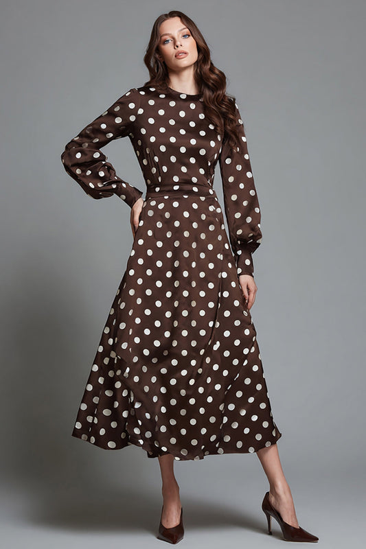 Dark Brown White Dot A Line Round Neck Formal Dress with Sleeves