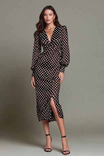 Dark Brown White Dot V-Neck Bodycon Formal Dress with Slit