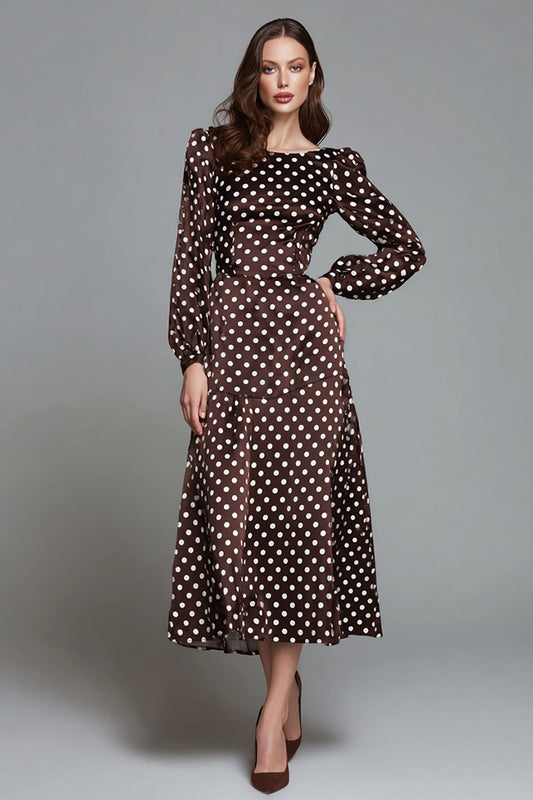 Dark Brown White Dot Boat Neck A Line Long Formal Dress with Sleeves