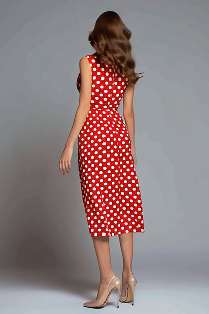 Red Satin V-Neck Bodycon Tea Length Polka Dots Dress