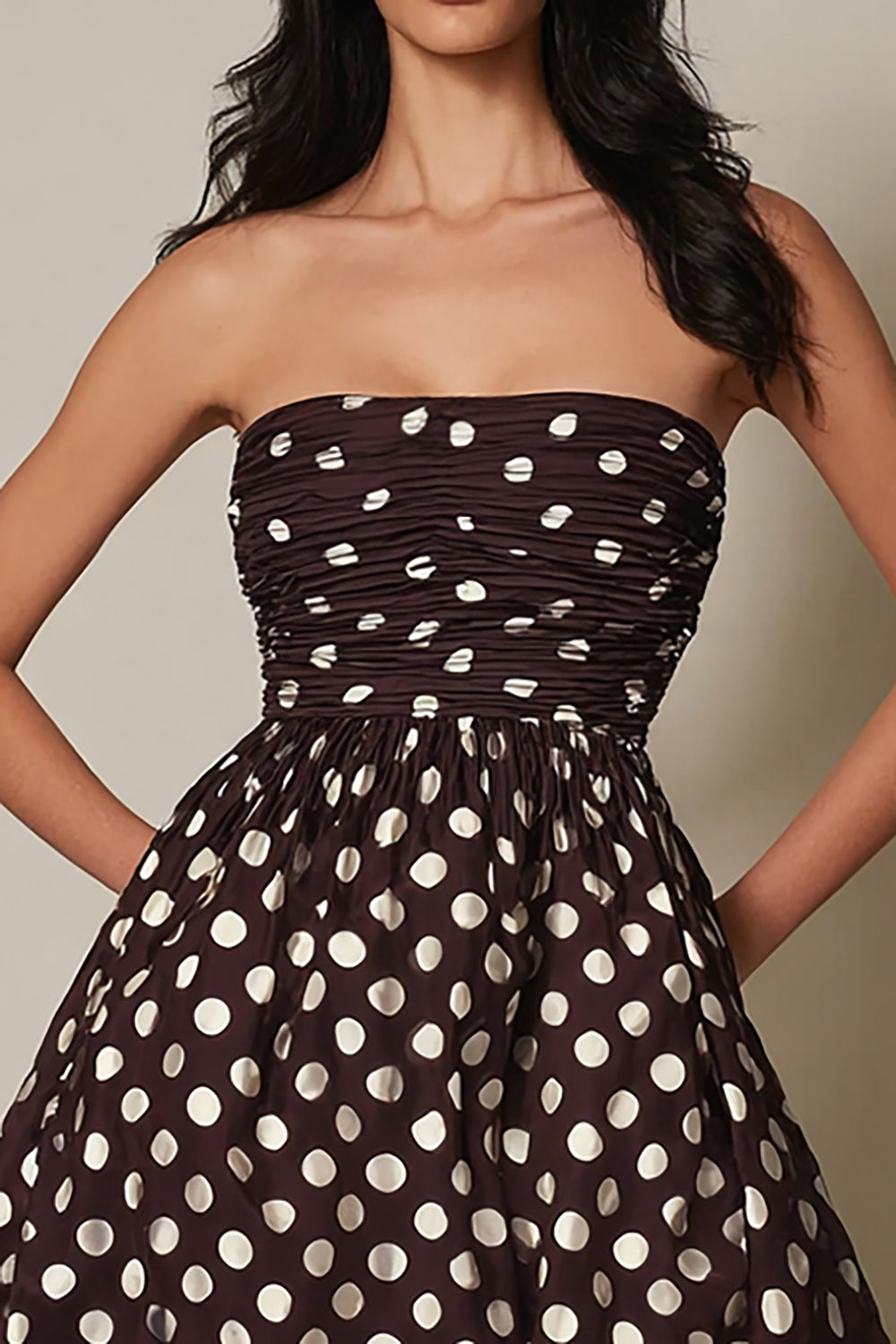 Dark Brown Strapless A-Line Satin Short Polks Dots Dress
