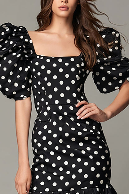 Black and White Square Neck Satin Short Polka Dots Dress with Ruffles