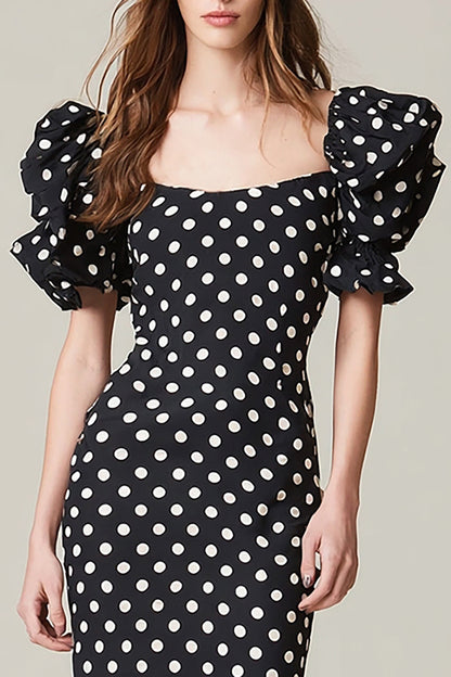 Black and White Square Neck Satin Mermaid Polka Dots Dress with Ruffles