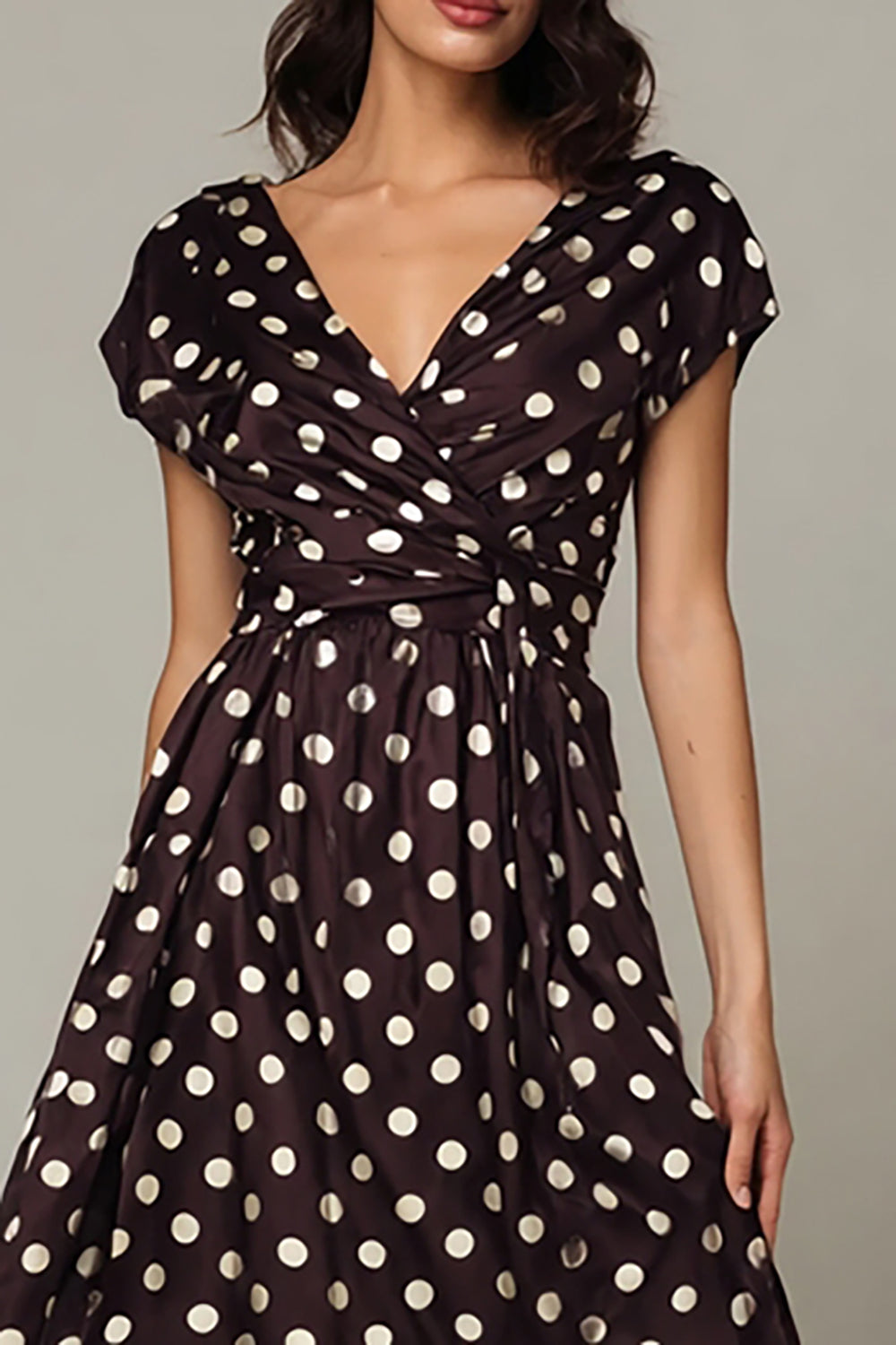 Dark Brown V-Neck Satin A-Line Tea Length Polka Dots Dress