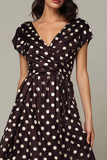 Dark Brown V-Neck Satin A-Line Tea Length Polka Dots Dress