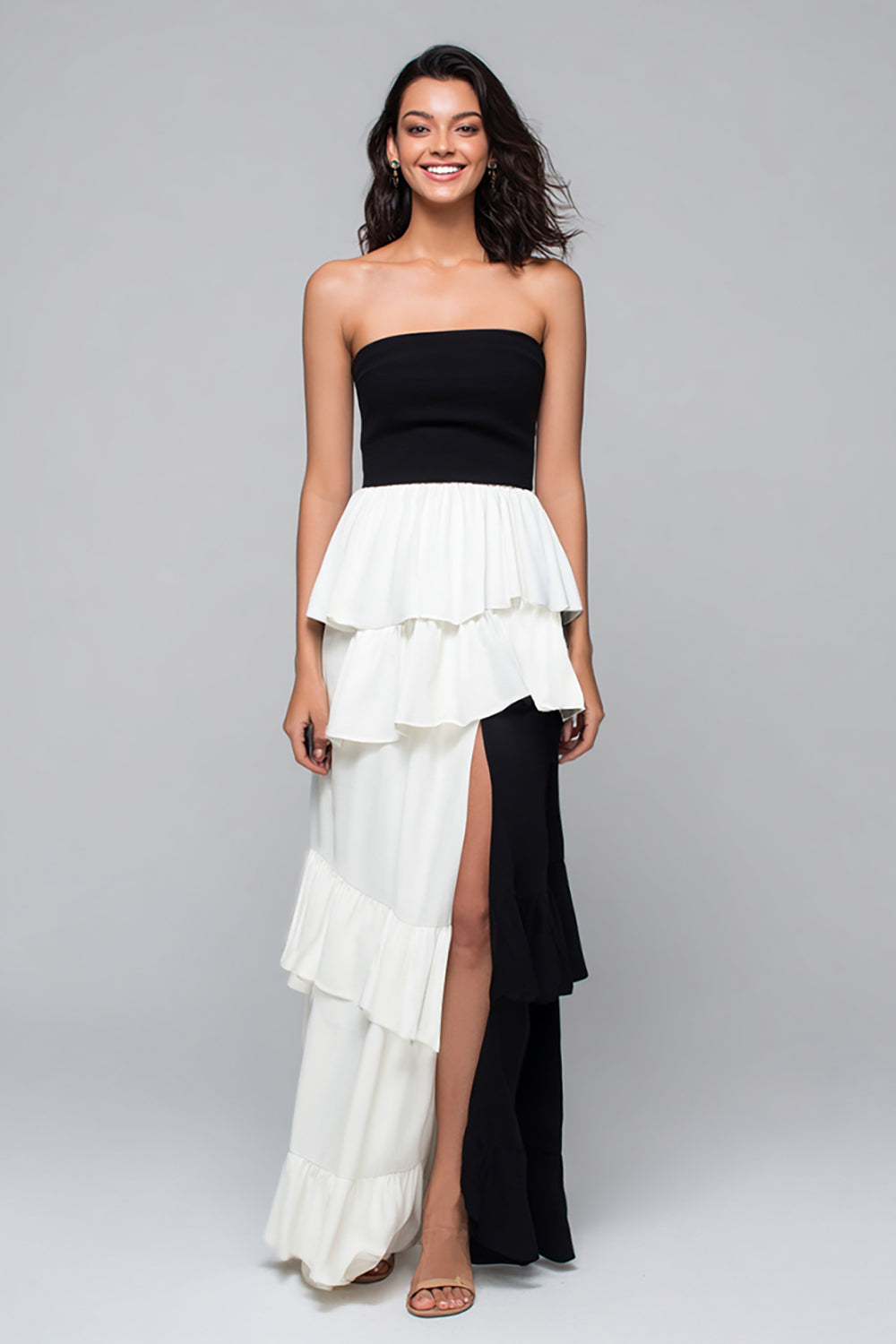 Strapless A Line Tiered Black and White Formal Dress with Slit