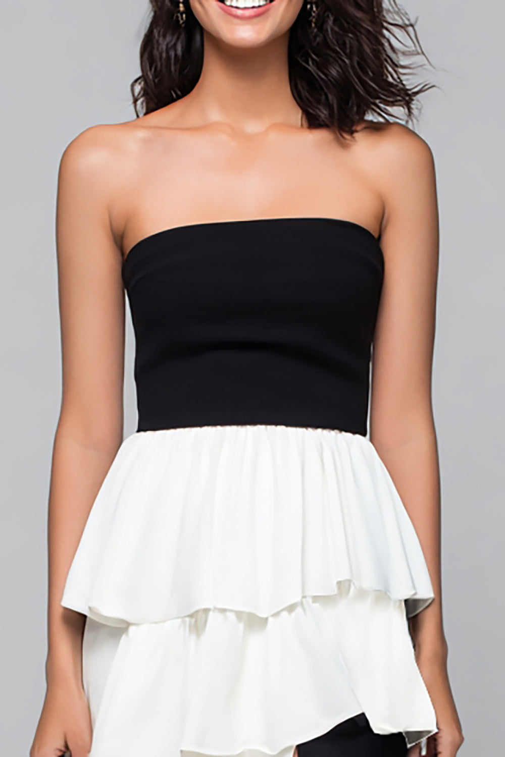 Strapless A Line Tiered Black and White Formal Dress with Slit
