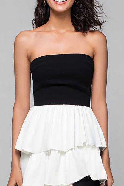 Strapless A Line Tiered Black and White Formal Dress with Slit