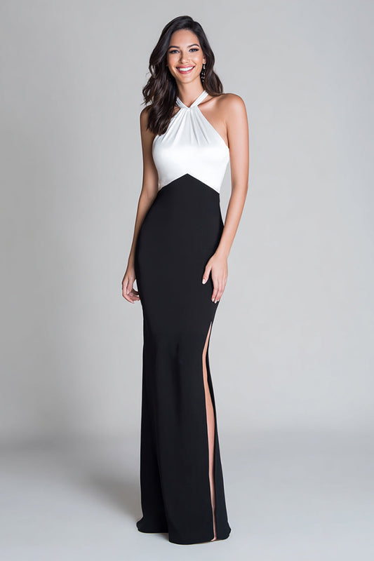 Halter Sheath Black and White Long Formal Dress with Slit