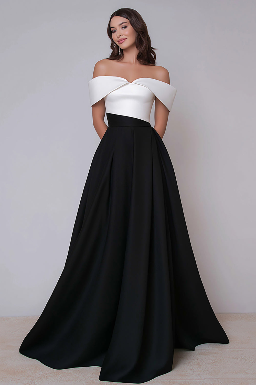 Off the Shoulder Black and White A Line Long Formal Dress