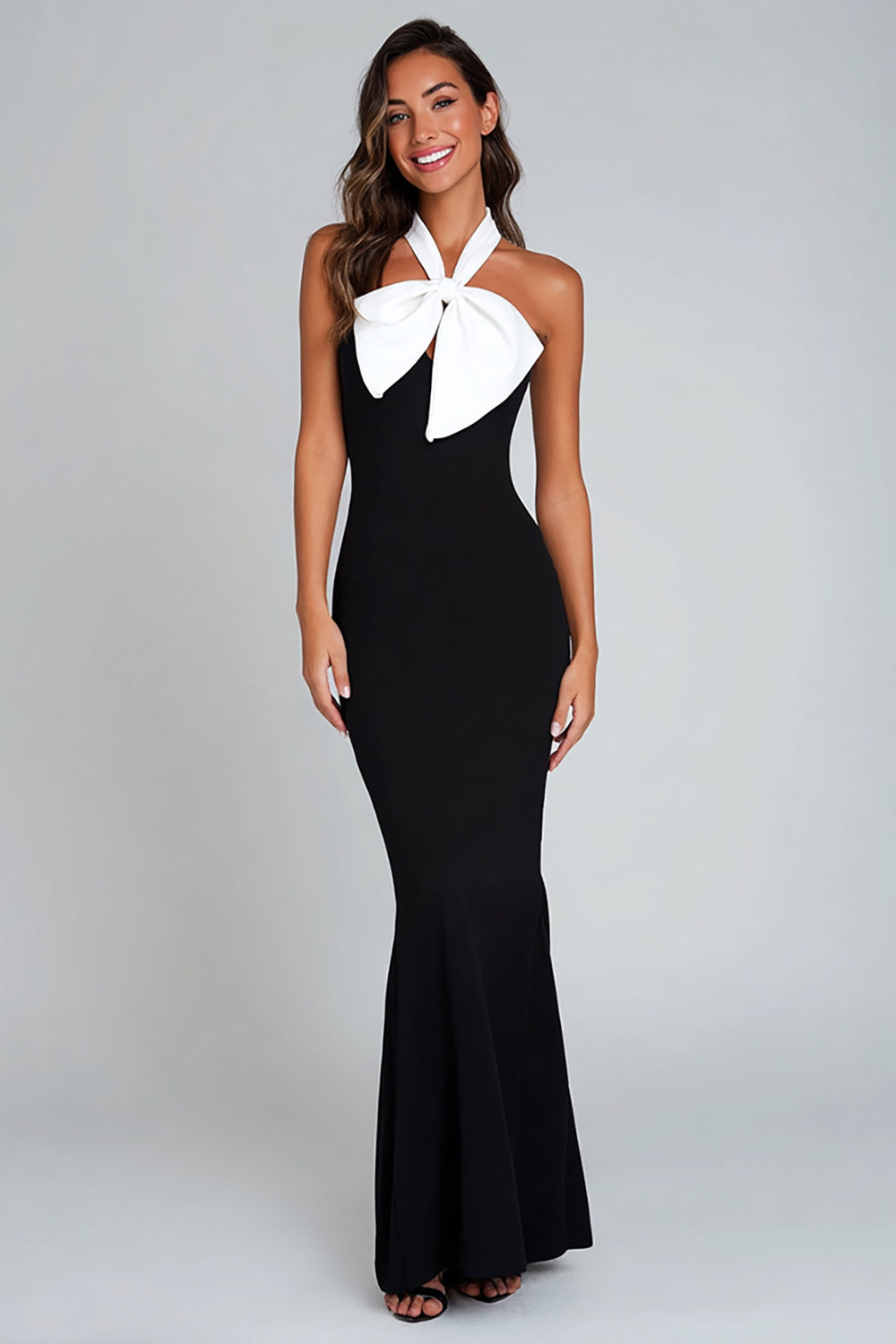 Black and White Sheath Halter Long Formal Dress with Bow