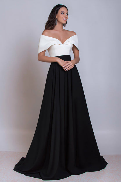 Black and White Satin Off the Shoulder Long Formal Dress