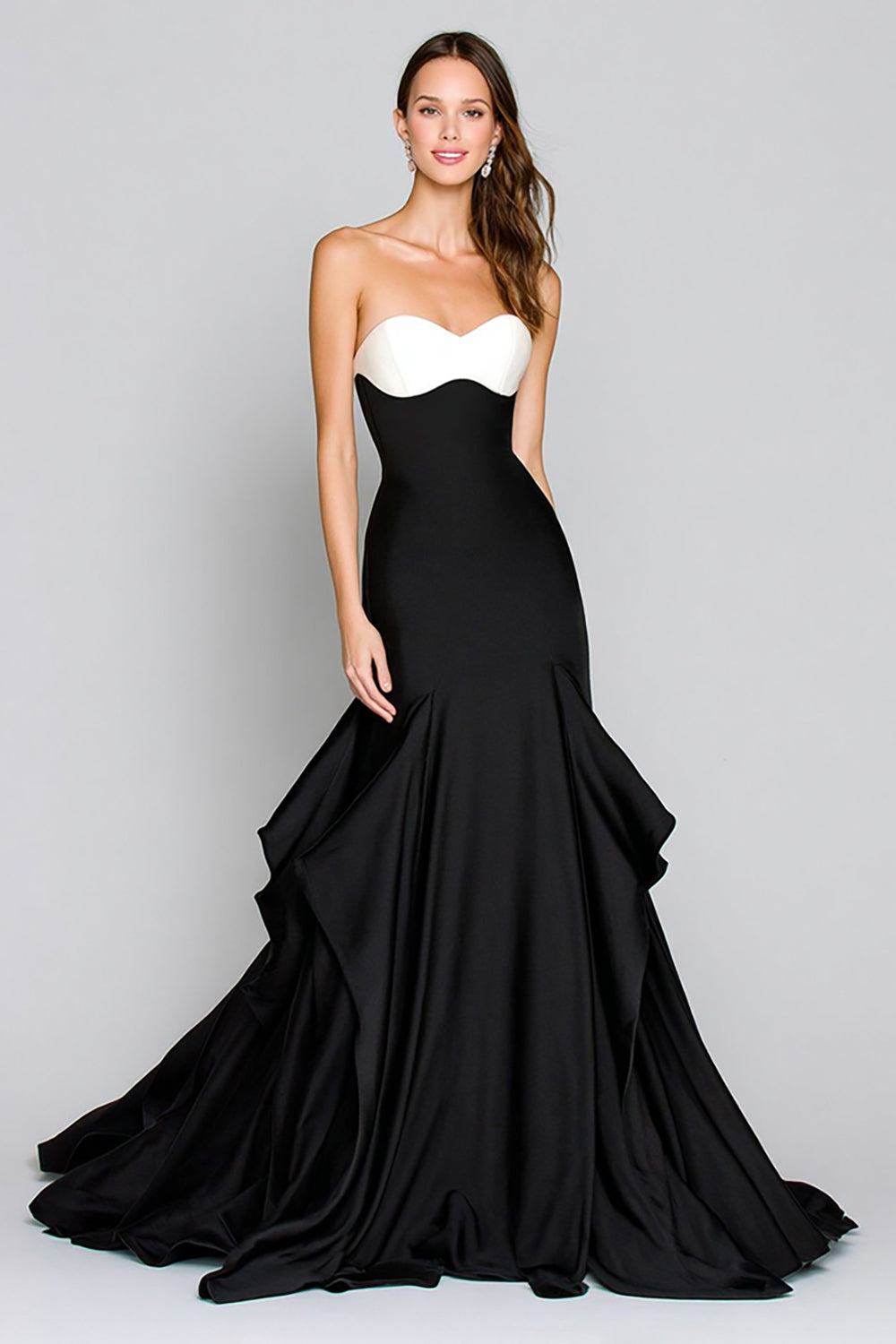 Black and White Mermaid Satin Long Formal Dress with Ruffles