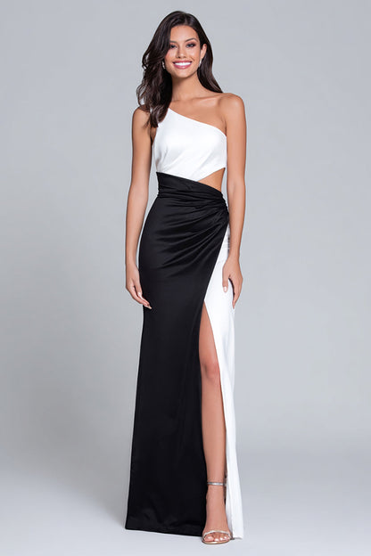 Black and White Satin Sheath Cut Out Long Formal Dress with Slit