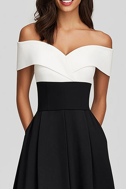 Black and White Satin Off the Shoulder Long Formal Dress with Pockets
