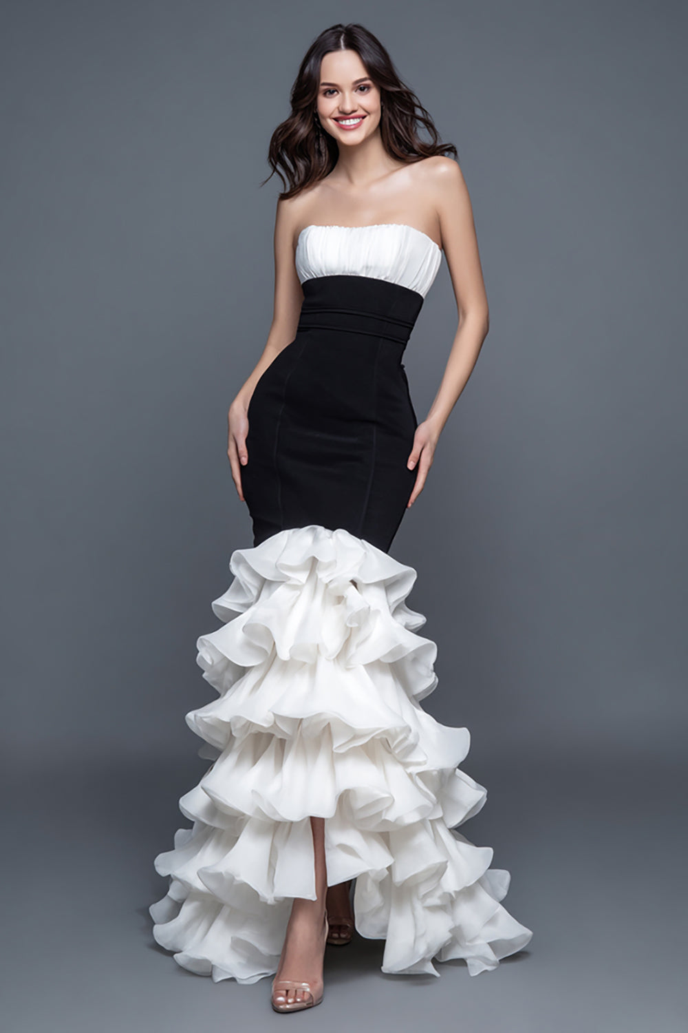 Black and White Mermaid Strapless Long Formal Dress with Ruffles