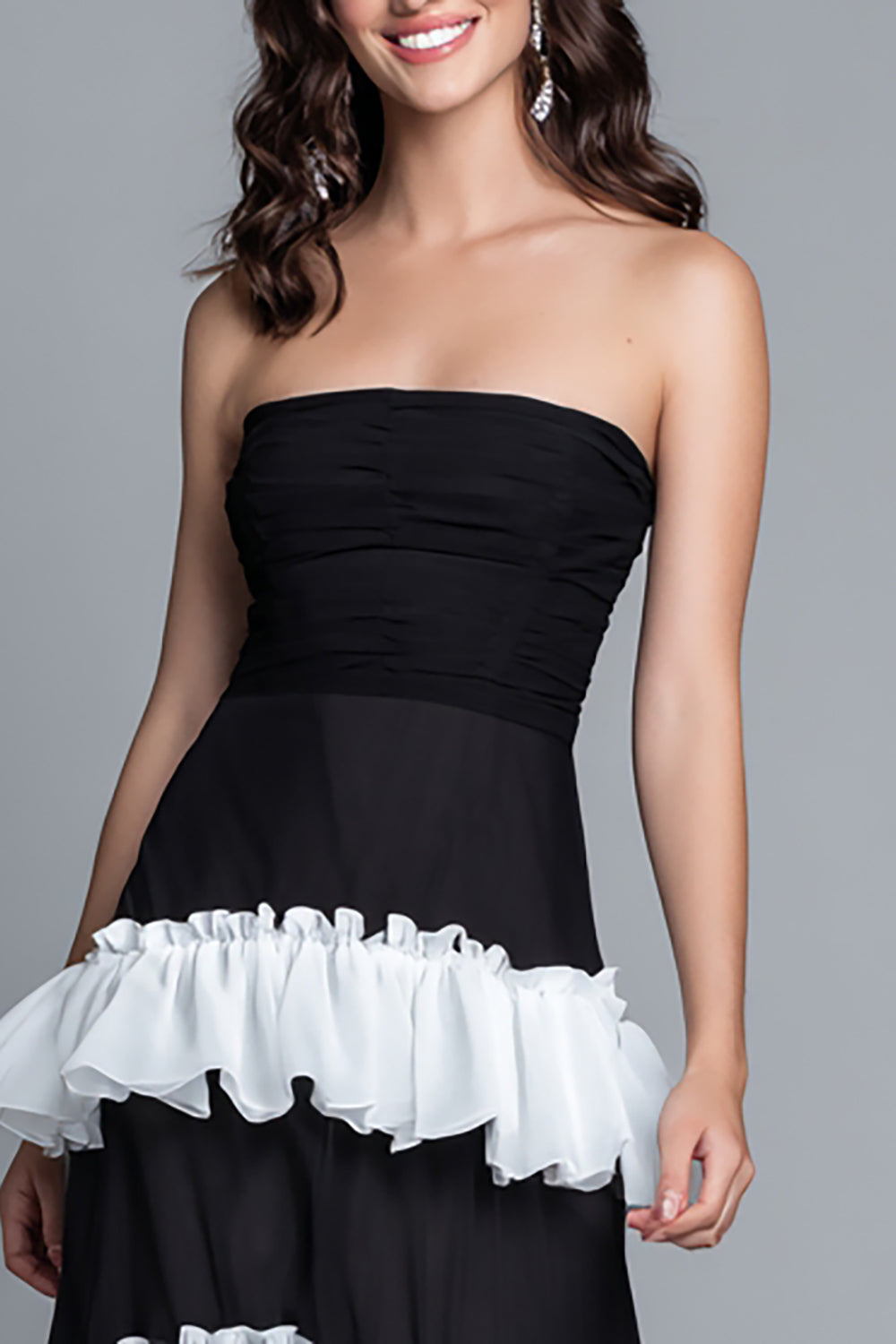 Black and White Sheath Ruffled Strapless Long Formal Dress with Slit