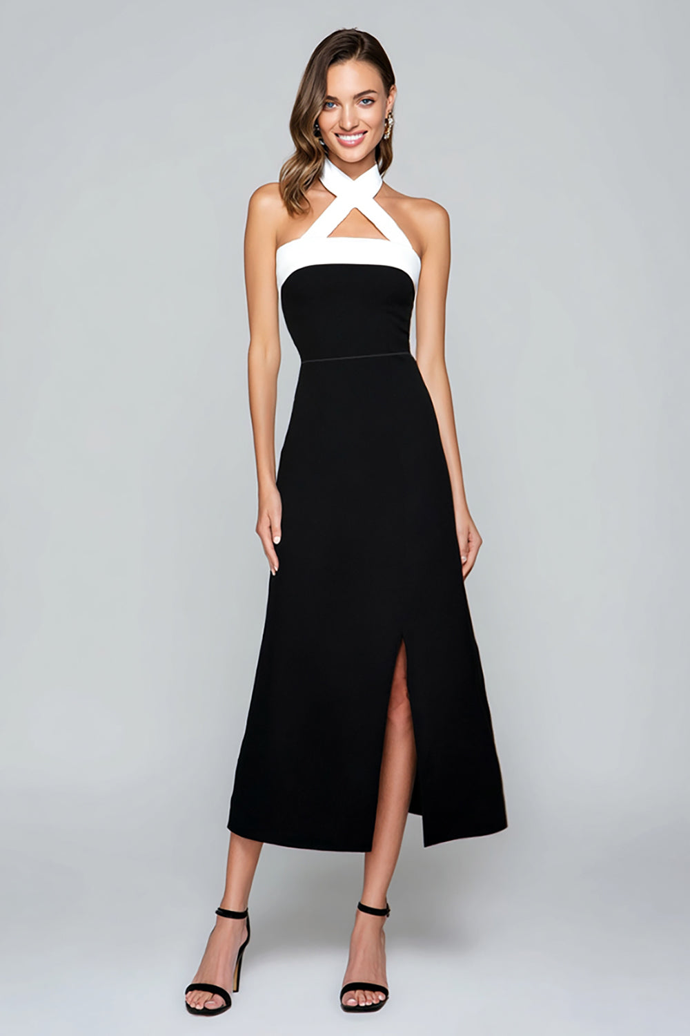 Black and White Sheath Halter Long Formal Dress with Slit