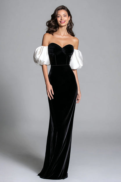 Black and White Mermaid Velvet Corset Long Formal Dress with Sleeves