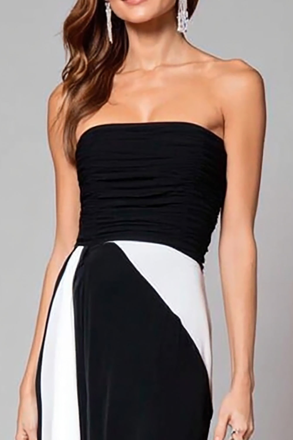 Black and White Ruched Mermaid Strapless Long Formal Dress