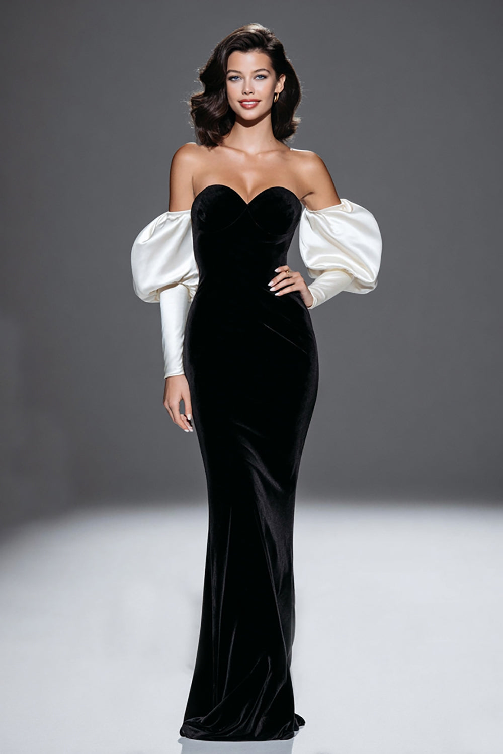 Black and White Mermaid Sweetheart Velvet Long Formal Dress with Sleeves