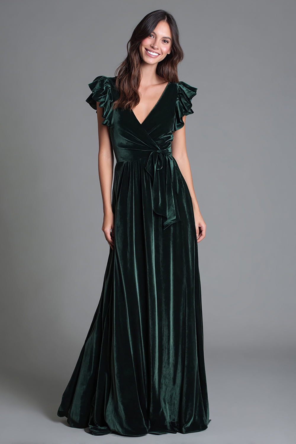 Dark Green V-Neck A-Line Velvet Long Formal Dress with Ruffles