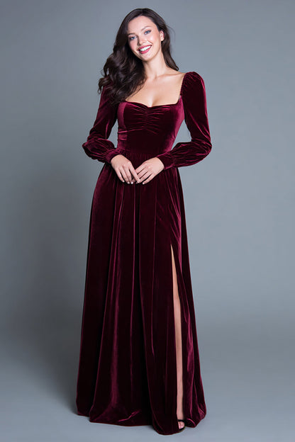 Burgundy Long Sleeves A-Line Velvet Long Formal Dress with Slit