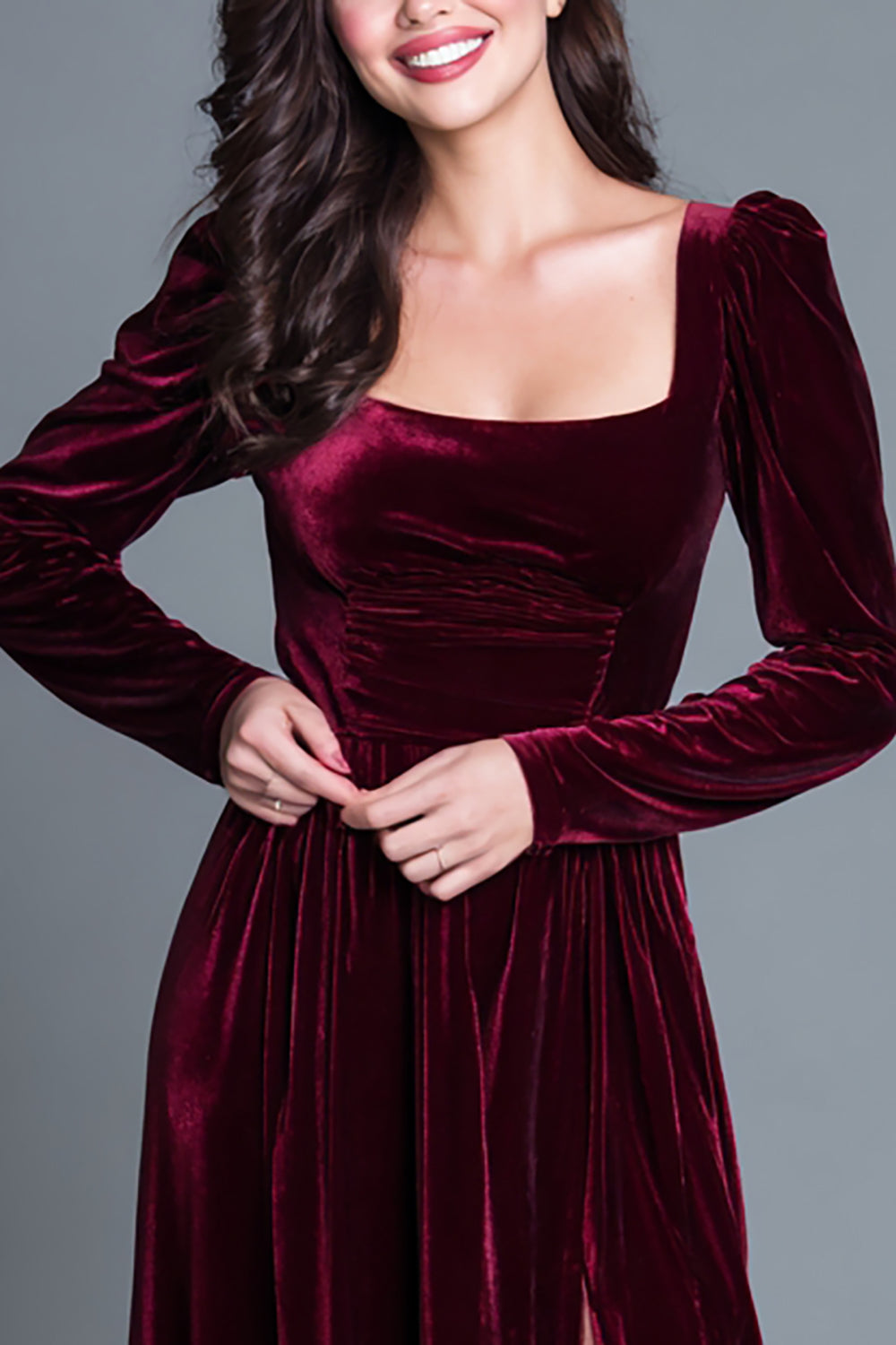 Square Neck Burgundy A Line Vlevet Formal Dress with Slit