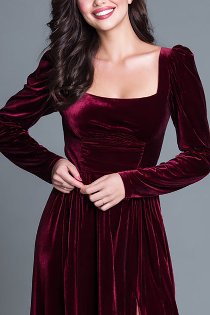 Square Neck Burgundy A Line Vlevet Formal Dress with Slit
