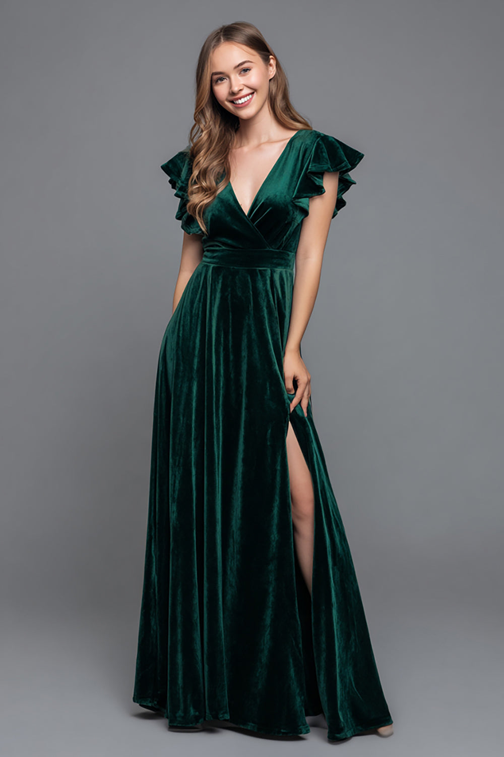 Dark Green V Neck Velvet A Line Formal Dress with Ruffled Sleeves