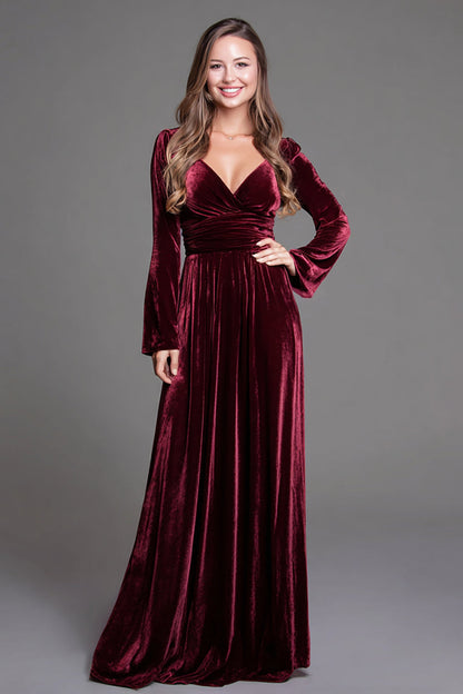 V Neck Burgundy Velvet A Line Formal Dress with Slit