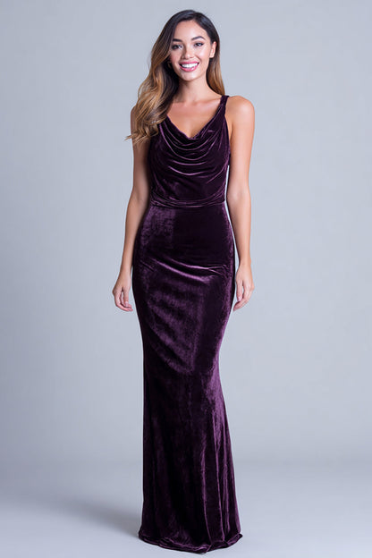 Plum Spaghetti Straps Sheath Velvet Formal Dress