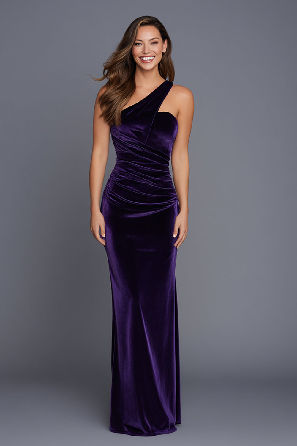 Plum One Shoulder Velvet Ruched Sheath Formal Dress