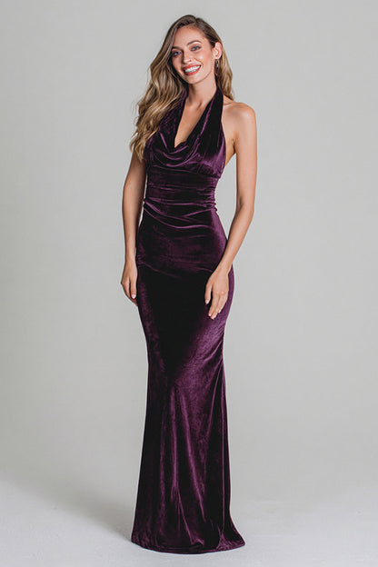 Halter Velvet Sheath Plum Long Formal Dress