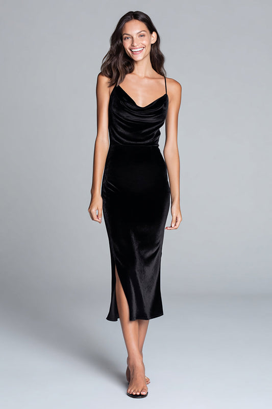 Black Spaghetti Straps Velvet Sheath Formal Dress