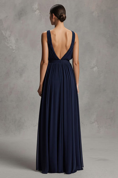 Navy Chiffon A Line V-Neck Long Formal Dress with Slit