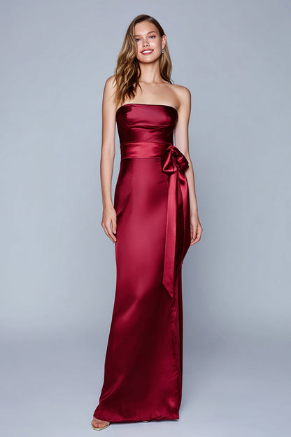 Burgundy Sheath Satin Strapless Long Formal Dress with Sash