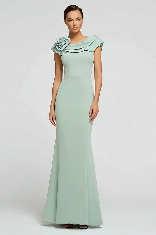 Mint Green Crepe Mermaid Boat Neck Long Formal Dress with Ruffles
