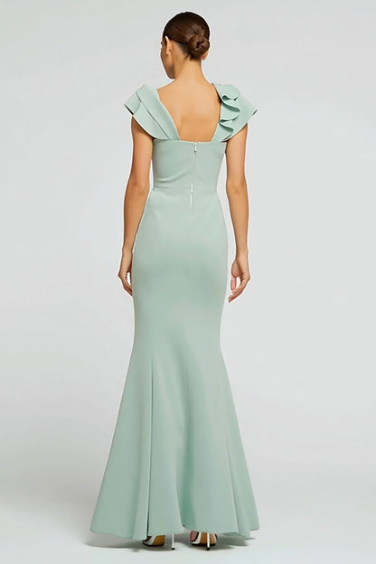 Mint Green Crepe Mermaid Boat Neck Long Formal Dress with Ruffles
